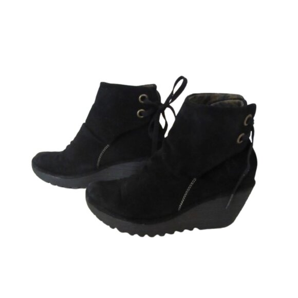 Fly London Yama Back Suede Wedge Ankle Lace Up Booties Size 37 - Picture 1 of 9
